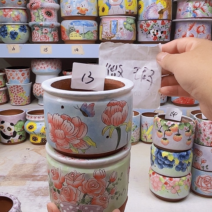 粗陶多肉植物手绘花盆景德镇13