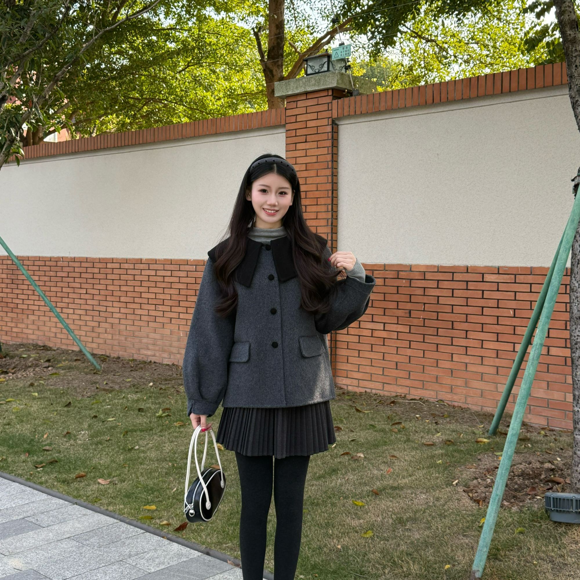 韩系高端双面呢娃娃领小个子单排扣廓形保暖外套2025冬新款