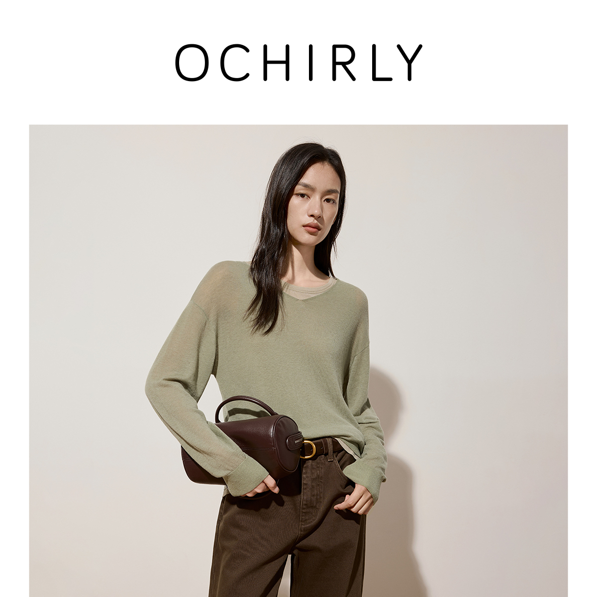 OCHIRLY欧时力100%澳进口羊毛V领毛衣秋新品
