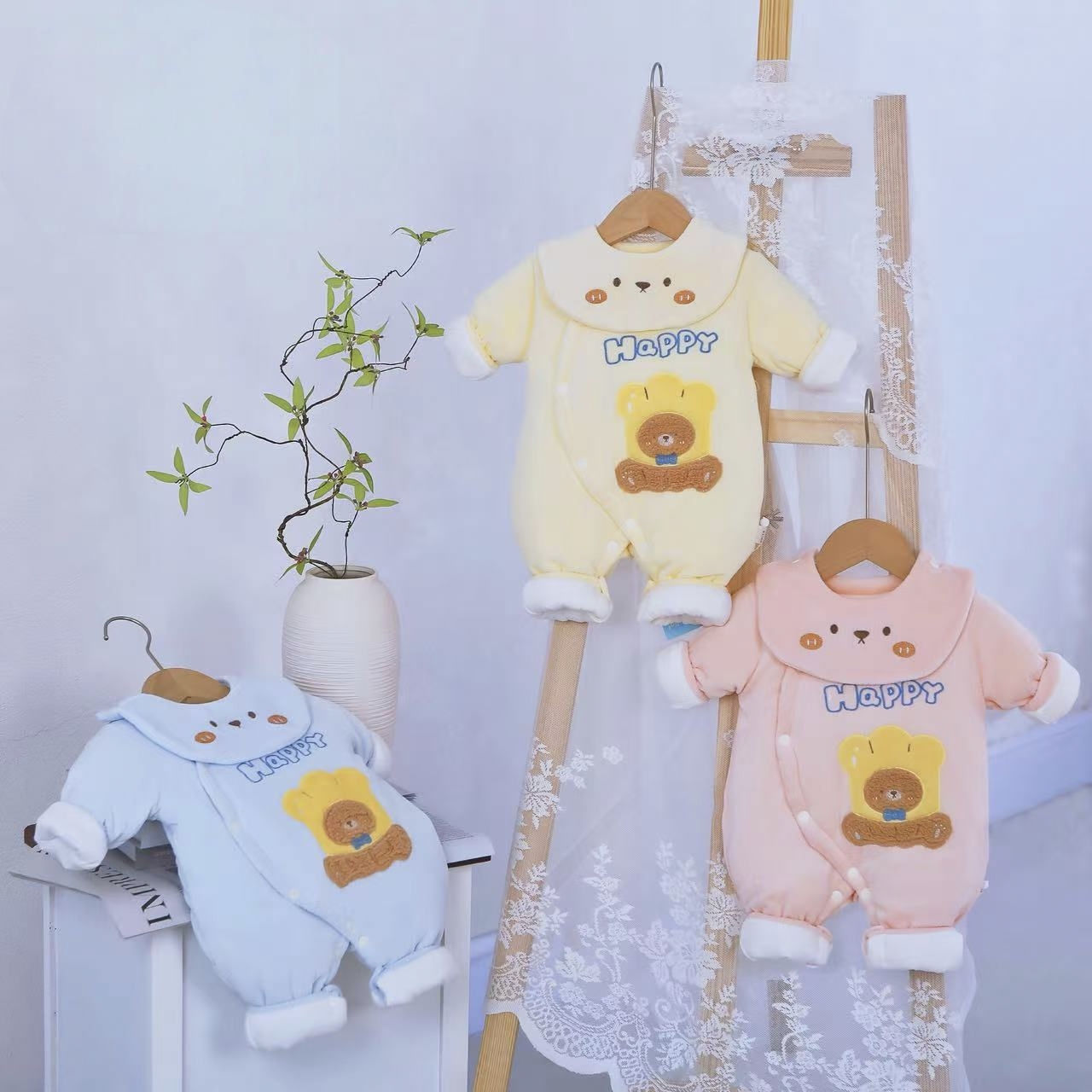 150g厚新生儿连体衣纯棉秋冬款婴儿蝴蝶衣0-3月面包熊宝宝冬季