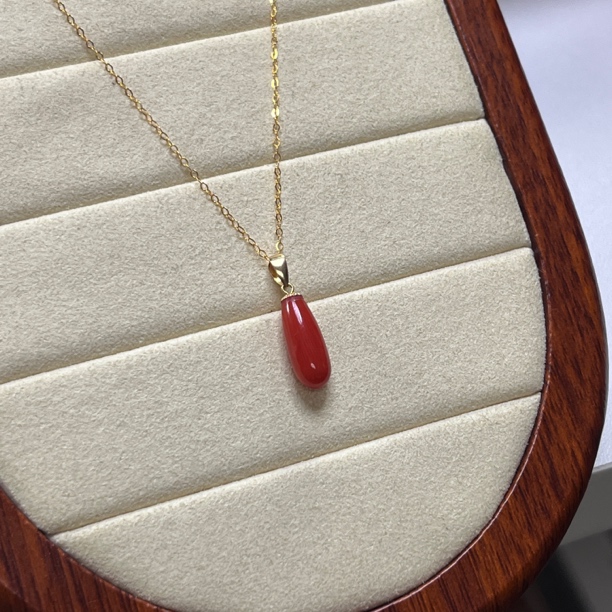 天然沙丁珊瑚水滴项链吊坠挂件送银链【国检证书】