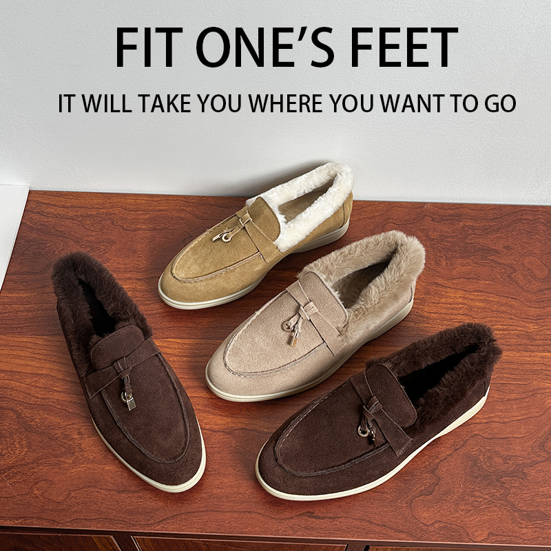 LP乐福鞋真毛保暖加绒低帮棉鞋皮毛一体真皮雪地靴兔毛平底鞋子女