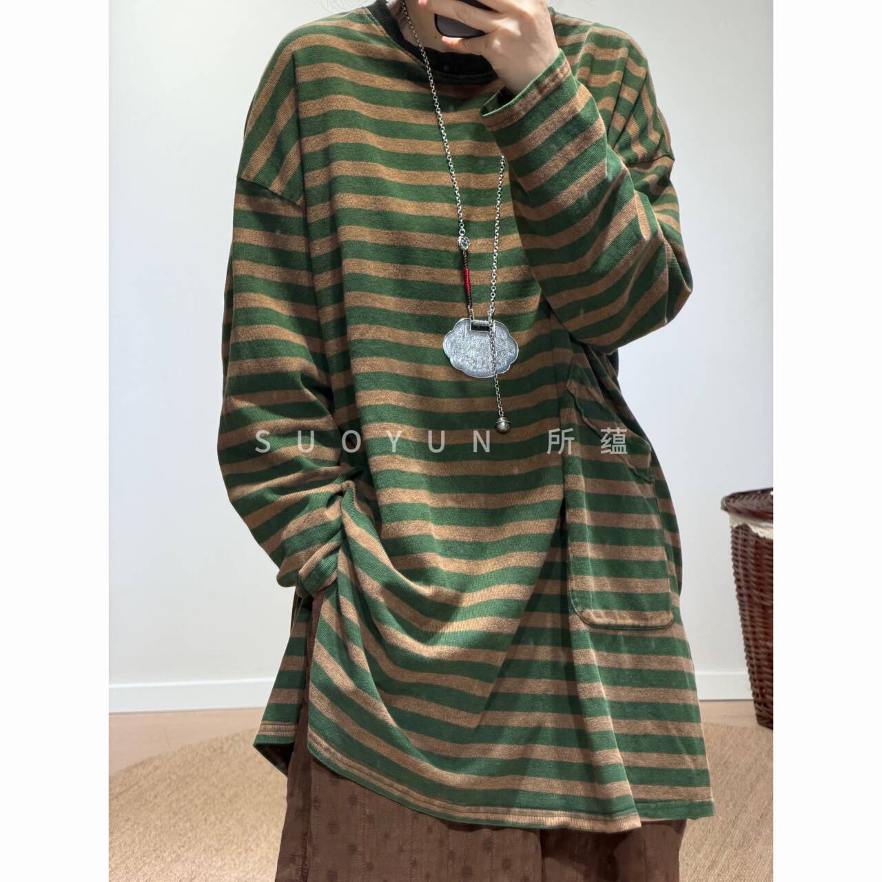 所蕴早春新款大码条纹长袖宽版纯棉T恤炒色百搭宽松上衣S1