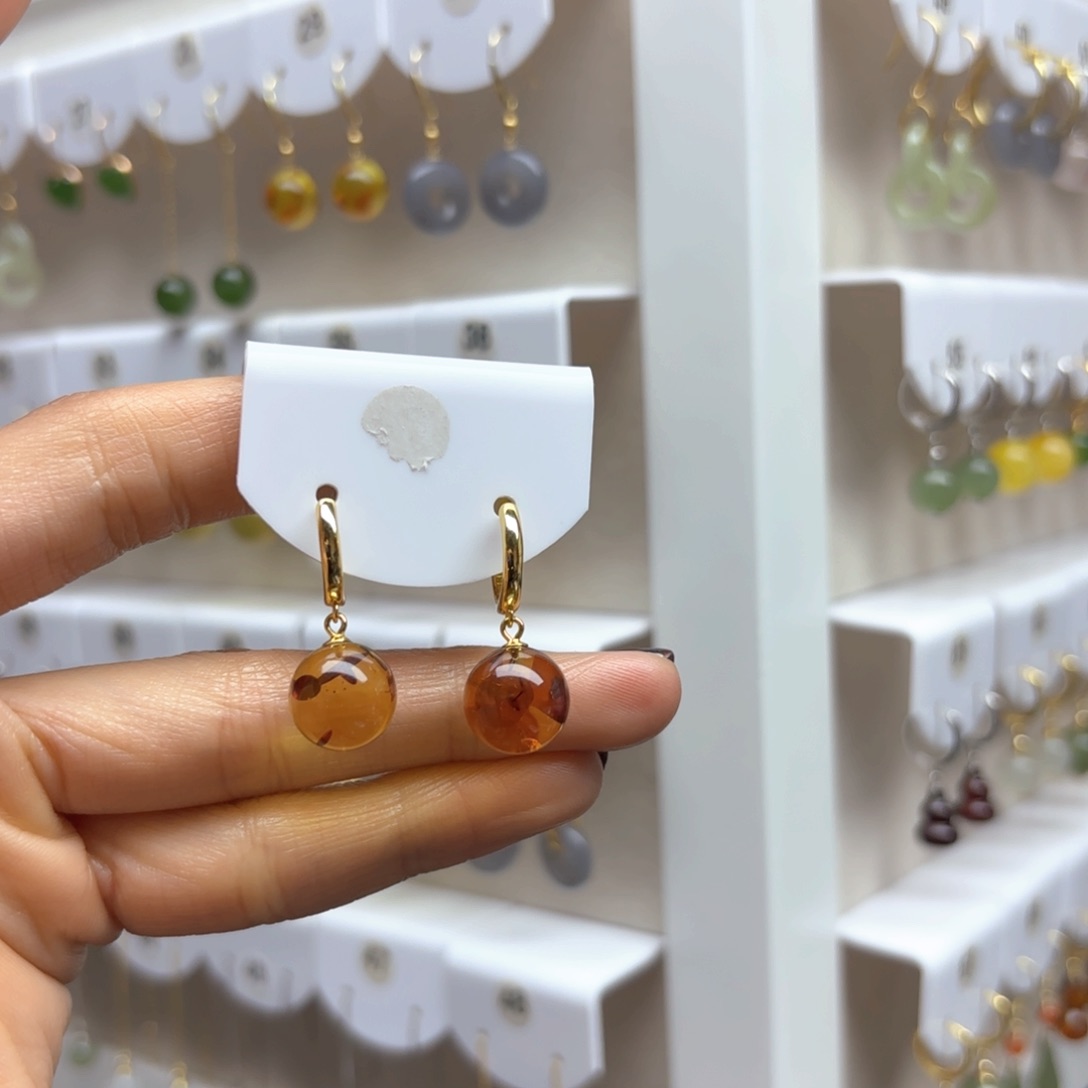 琥珀耳饰银S925镶嵌花珀