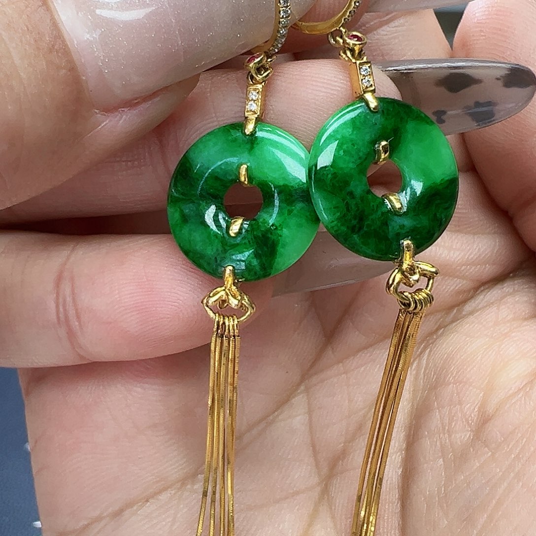 翡翠耳饰18K金镶嵌蕊*心天然缅甸A货翡翠