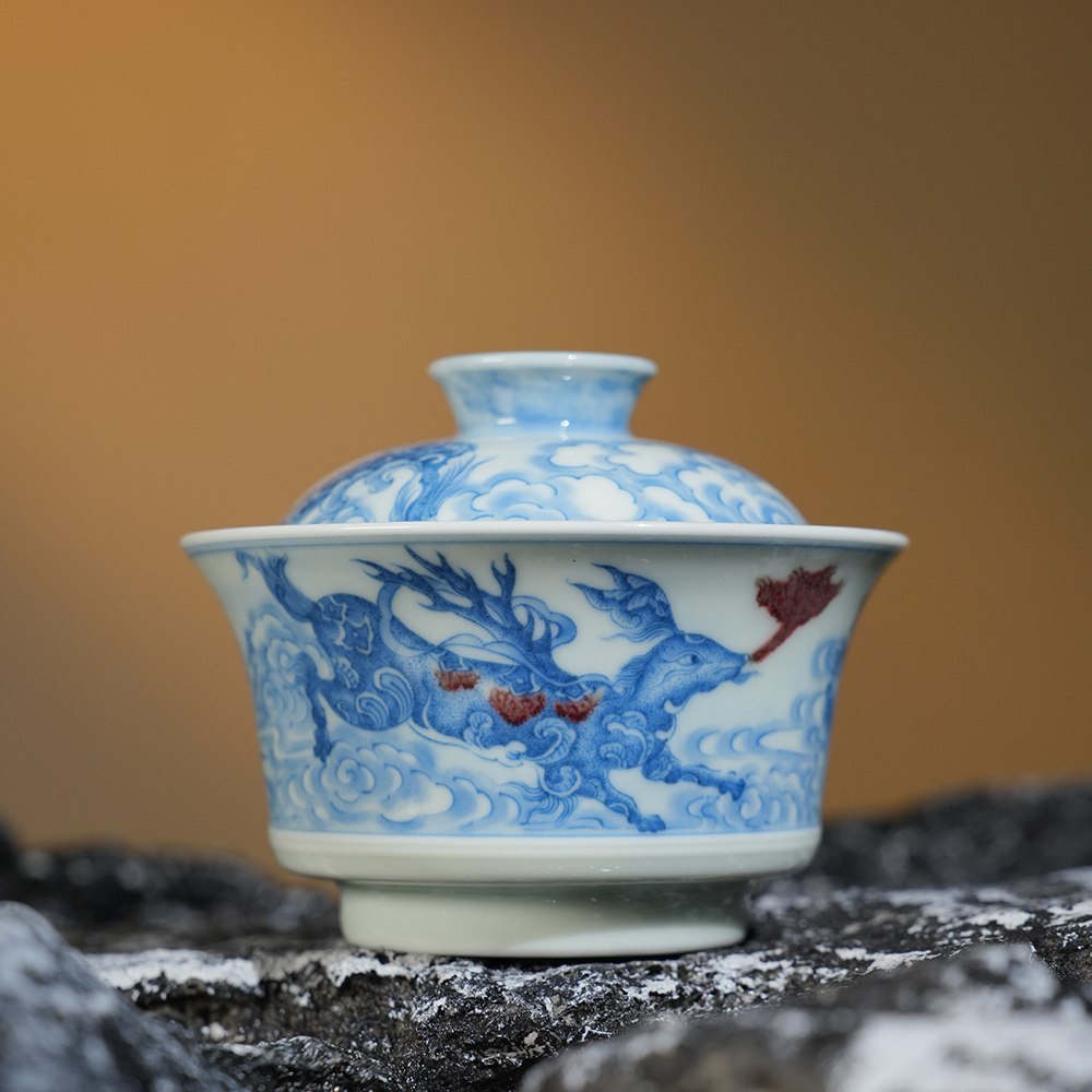 屹朴堂青花釉里红乘黄盖碗120ml 景德镇釉下彩手工手绘陶瓷茶器