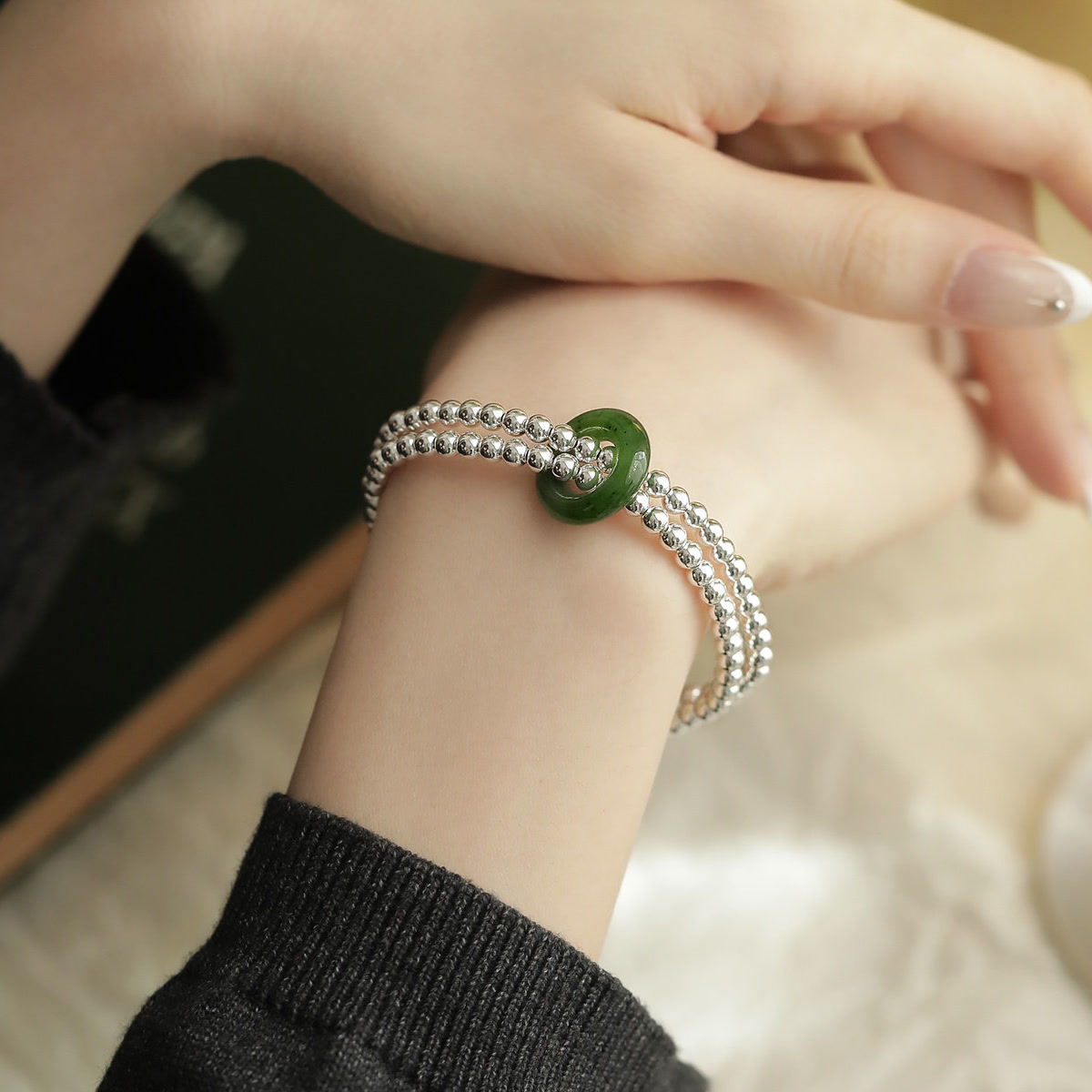 S12369 和田碧玉手串时尚百搭轻奢民族风双圈简约素款新中式手链