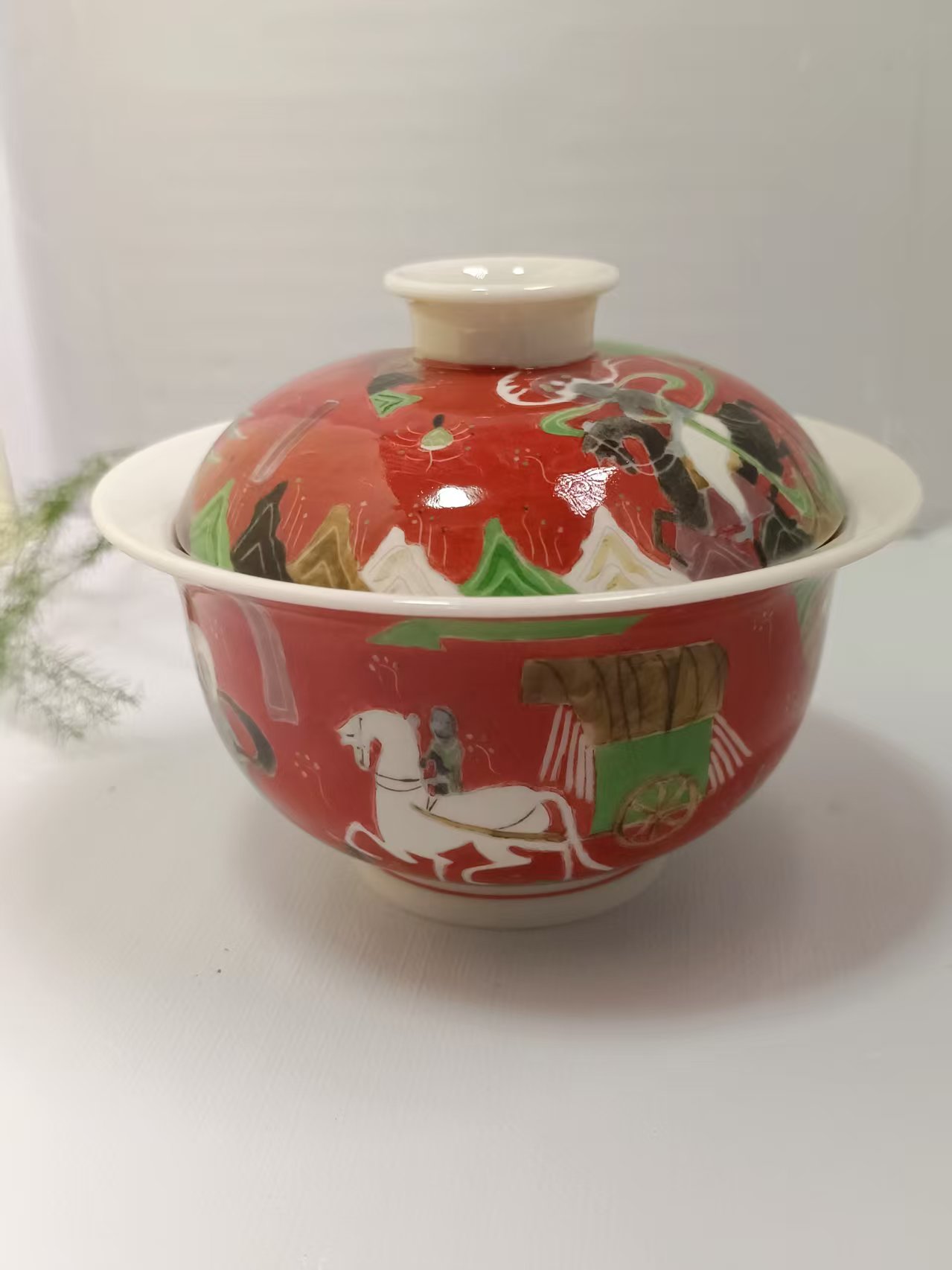 高温釉下五彩敦煌系列之九色鹿元宝盖碗手绘