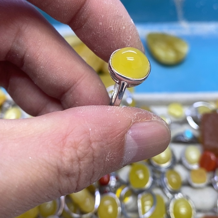 蜜蜡裸石银S925镶嵌戒指