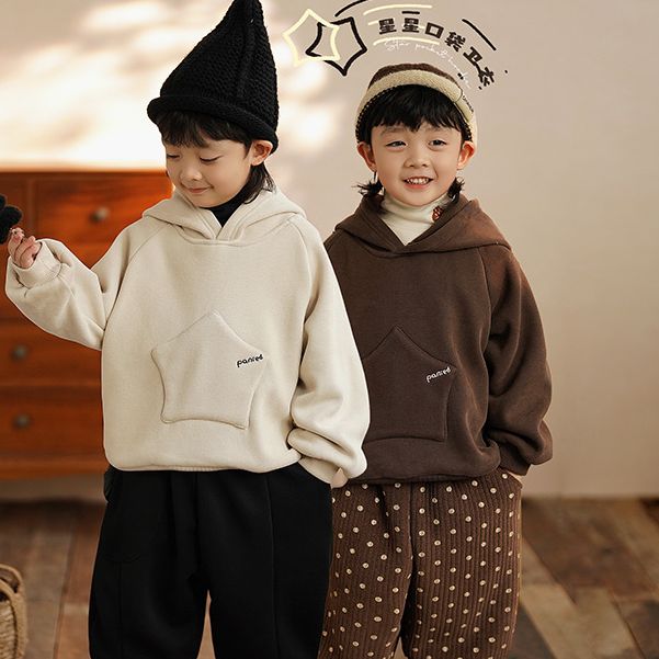砚台家童装儿童加绒卫衣男童连帽上衣男孩纯色套头衫衣服秋冬款潮
