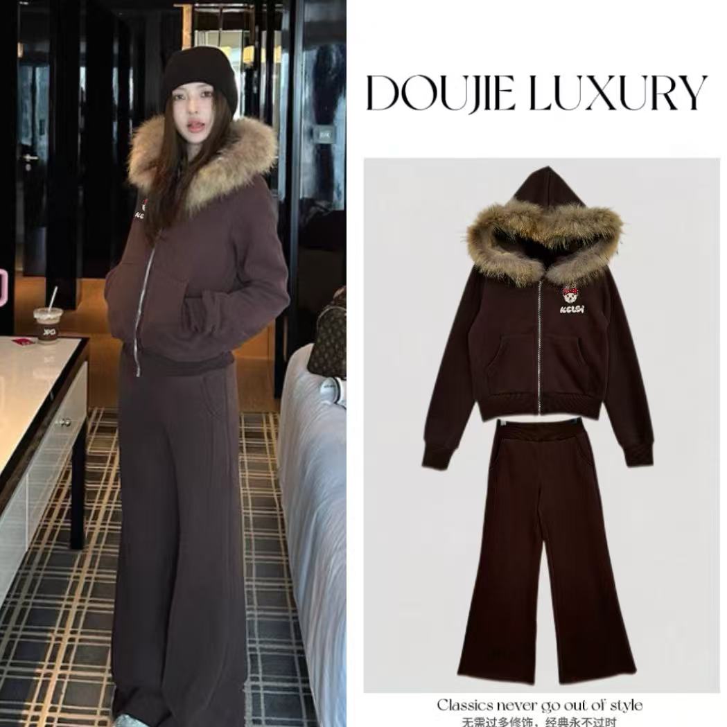 【兜兜】 咖色加绒毛领连帽拉链卫衣外套+阔腿裤两件套装井254465A