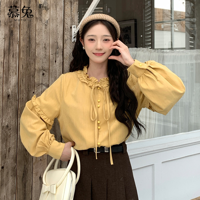 慕兔法式复古长袖衬衫女2024冬季小个子设计感小众木耳边上衣