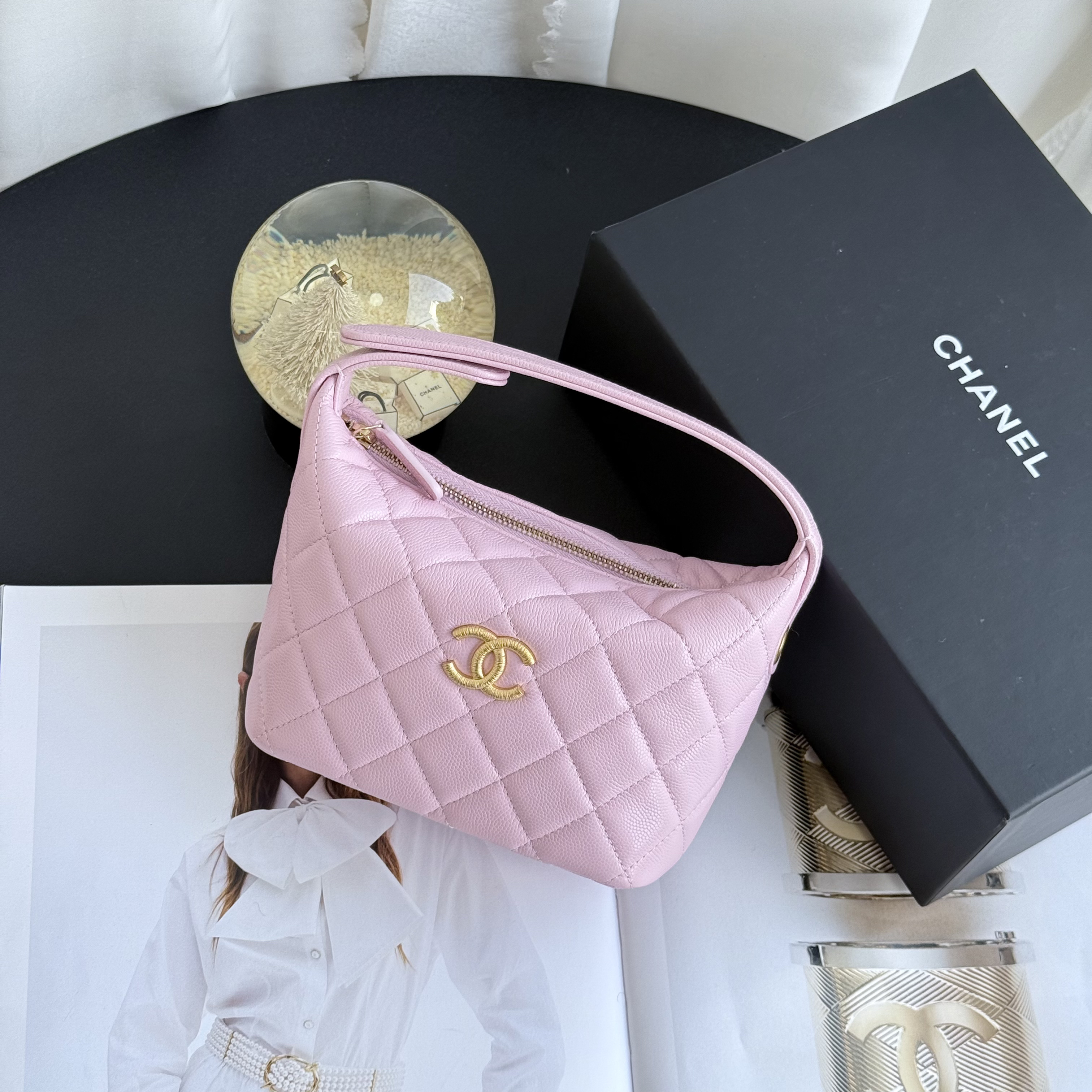 未使用 Chanel/香奈儿 香奈儿25p粉金荔枝皮饭盒包 全新芯片款
