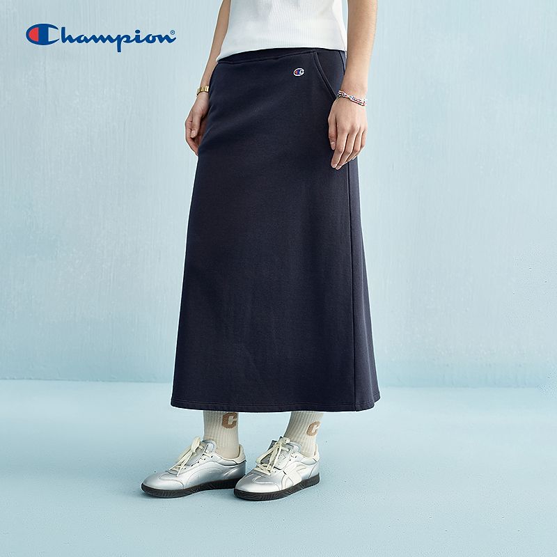 Champion冠军夏新款休闲针织半身裙女刺绣抽绳中长裙U4ASKJW01-2 