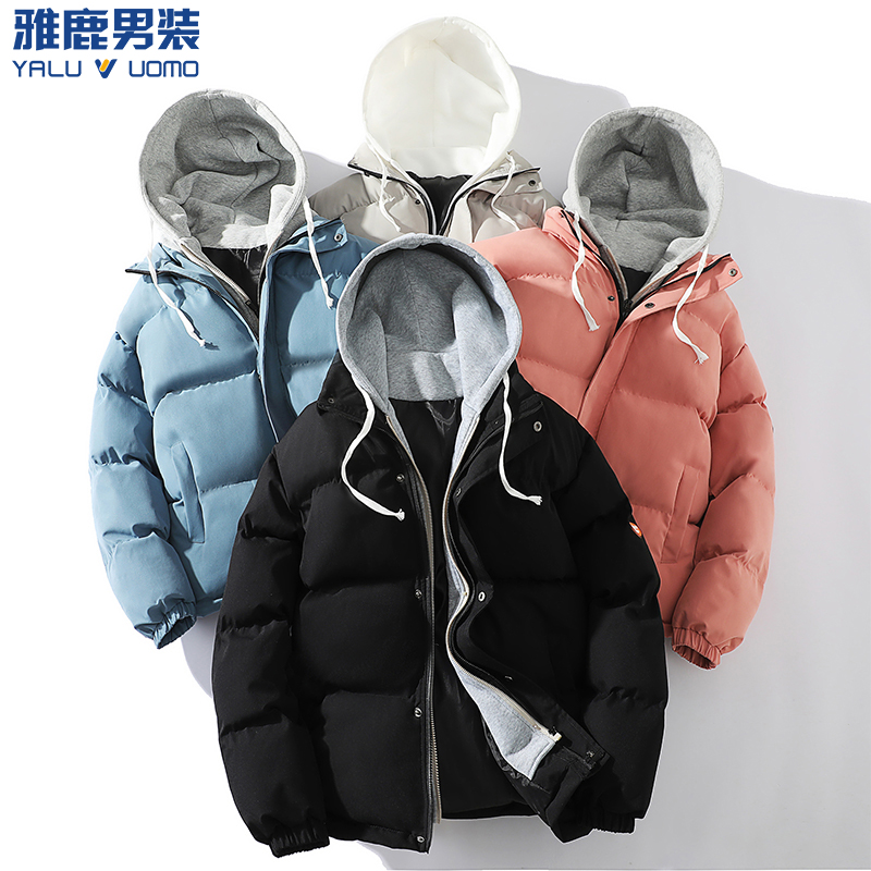 雅鹿男装连帽拉链棉服男款冬季假两件棉衣加绒保暖百搭面包服痞帅