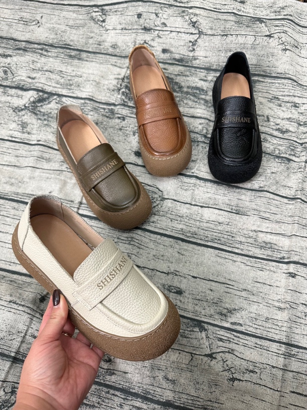 复古牛皮简约减龄软底豆豆乐福休闲女鞋