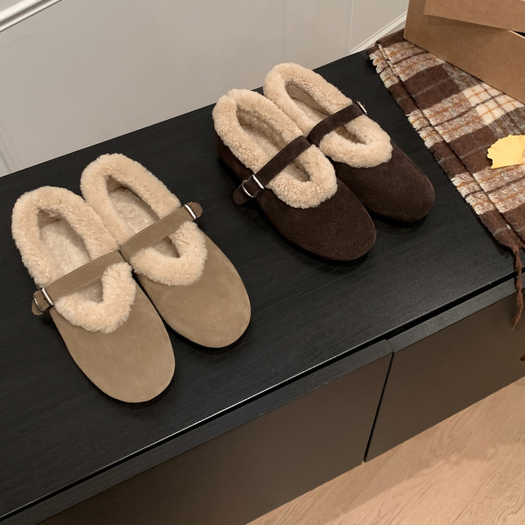 【指念】平底圆头玛丽珍鞋秋冬加绒保暖复古风一字扣毛绒女鞋单鞋