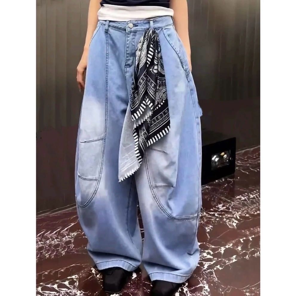 【兆杰商贸】配丝巾！高腰牛仔弯刀裤