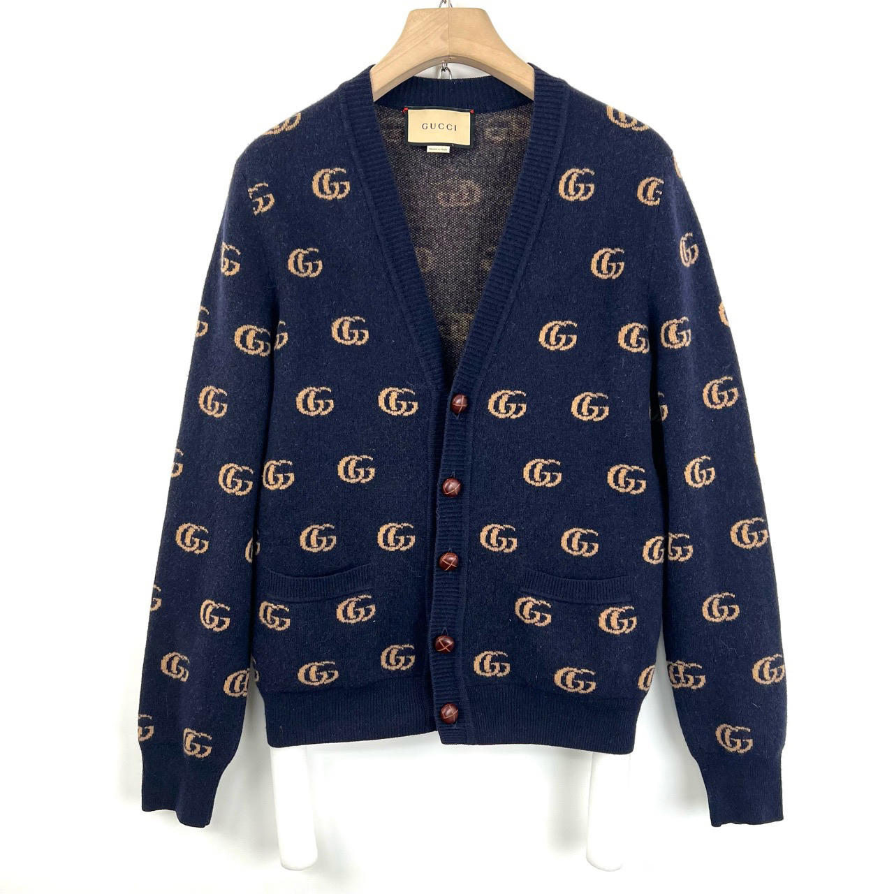 95新 GUCCI/古驰 S码/藏蓝色双g老花满印针织开衫/0315