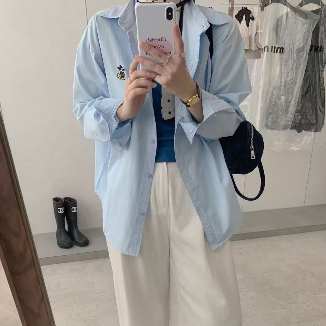 衬肤色百搭卡通刺绣宽松显瘦棉质长袖休闲衬衫女