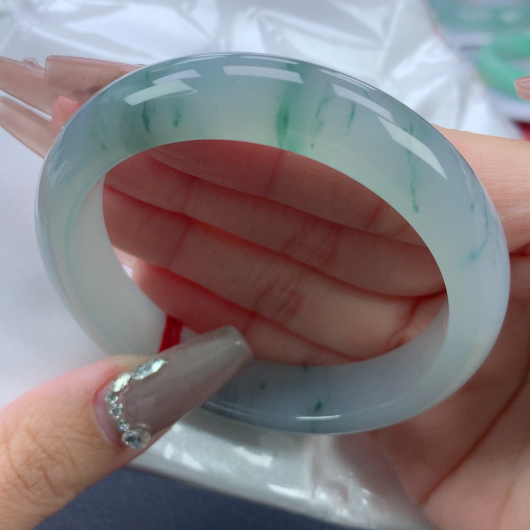 翡翠手镯未镶嵌54+正圈冰飘花强推