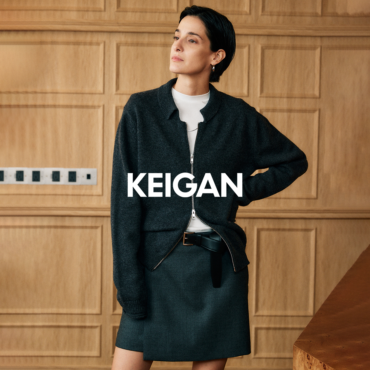 KEIGAN/开间高克重澳洲羊毛复古贝壳领双开拉链卷边针织开衫半裙