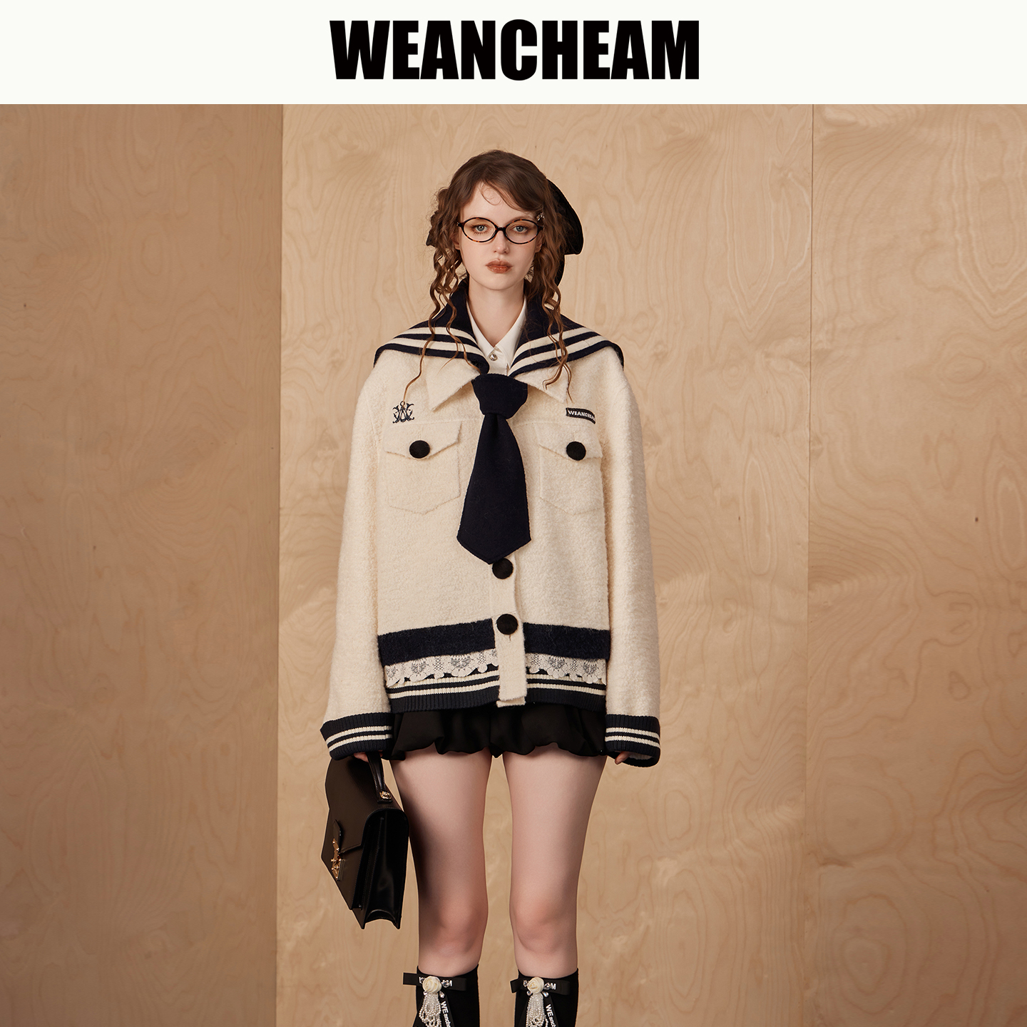 WEANCHEAM未未姆琥珀流光秋冬女装学院风羊毛海军外套W16QDT046