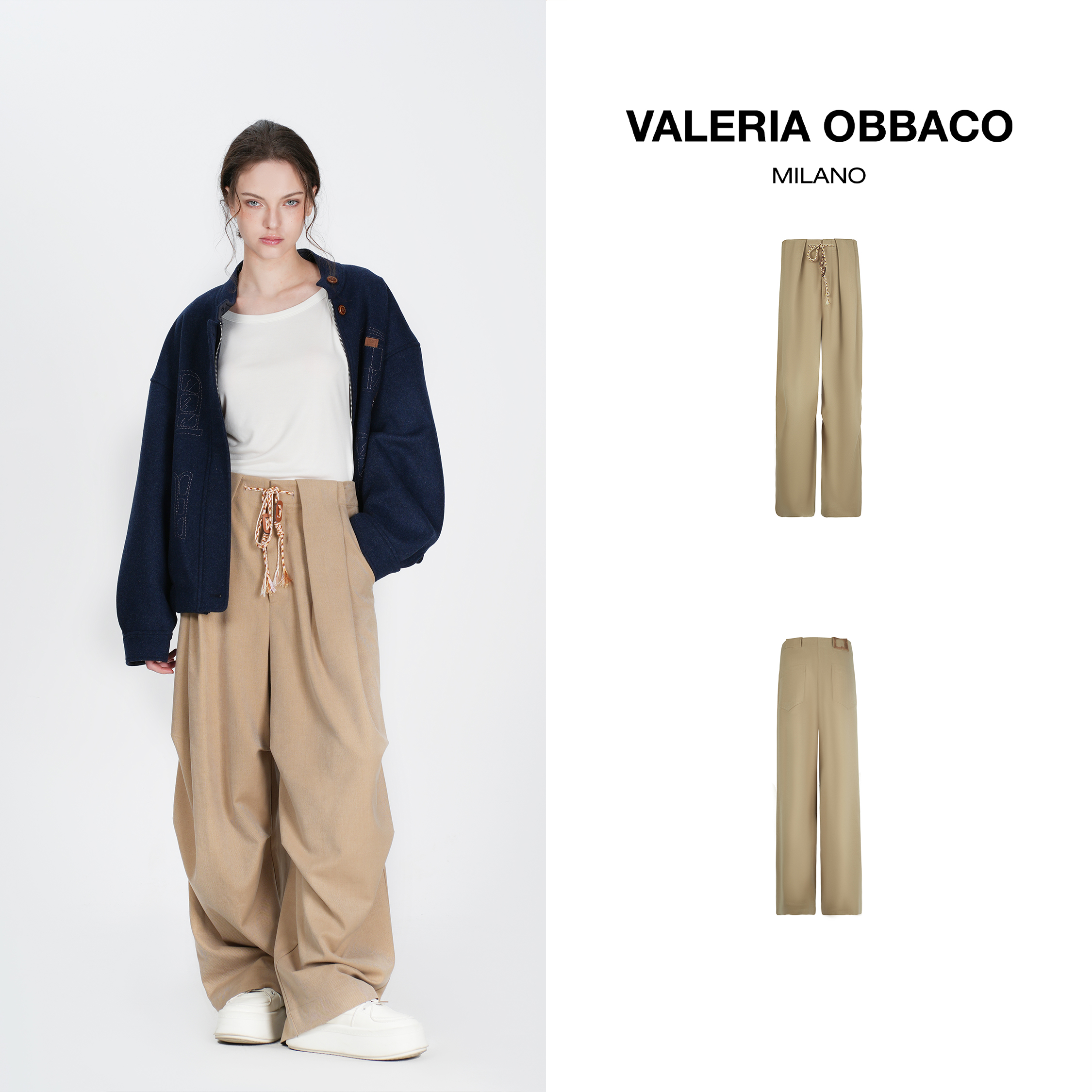 VALERIAOBBACO卡其色休闲裤女2025秋季VO抽绳降落伞裤百搭长裤秋