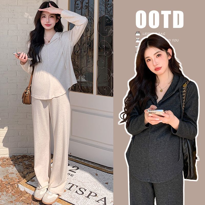 孕妇秋冬季加厚时尚慵懒风半拉链连帽上衣搭配阔腿裤套装休闲运动