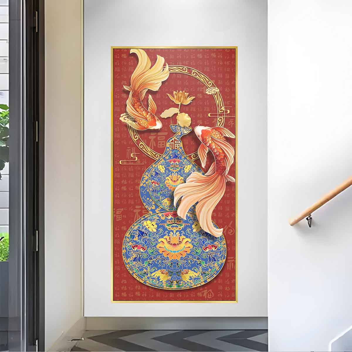 网红入户正对门玄关锦鲤葫芦天官赐福中式走廊过道福禄装饰画A07