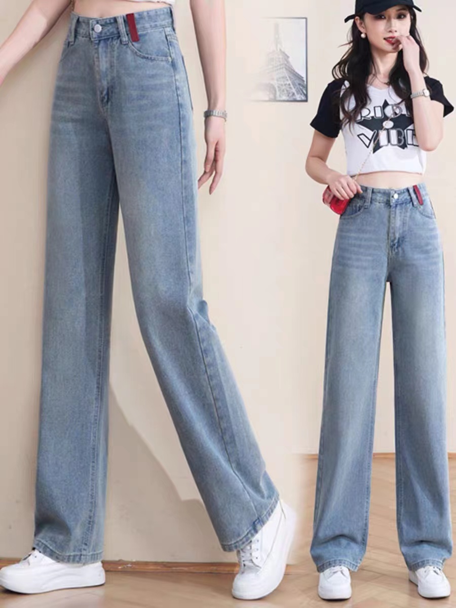 A3475浅色直筒牛仔裤加绒加厚2025年新款高腰宽松阔腿裤秋冬款