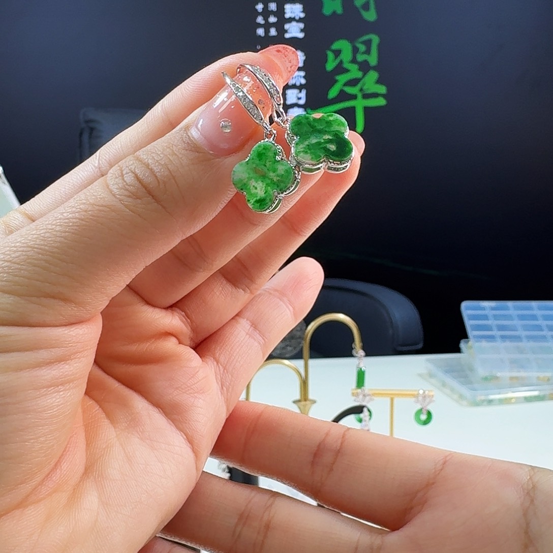 翡翠耳饰银S925镶嵌925镶嵌