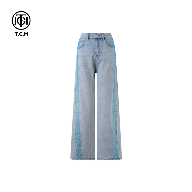 -TCH新款2025设计烫钻花边牛仔裤女士T750E5051休闲裤蓝色