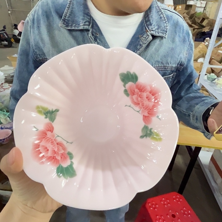 瓷片景德镇陶瓷红嘻嘻芙蓉花辫面碗1只