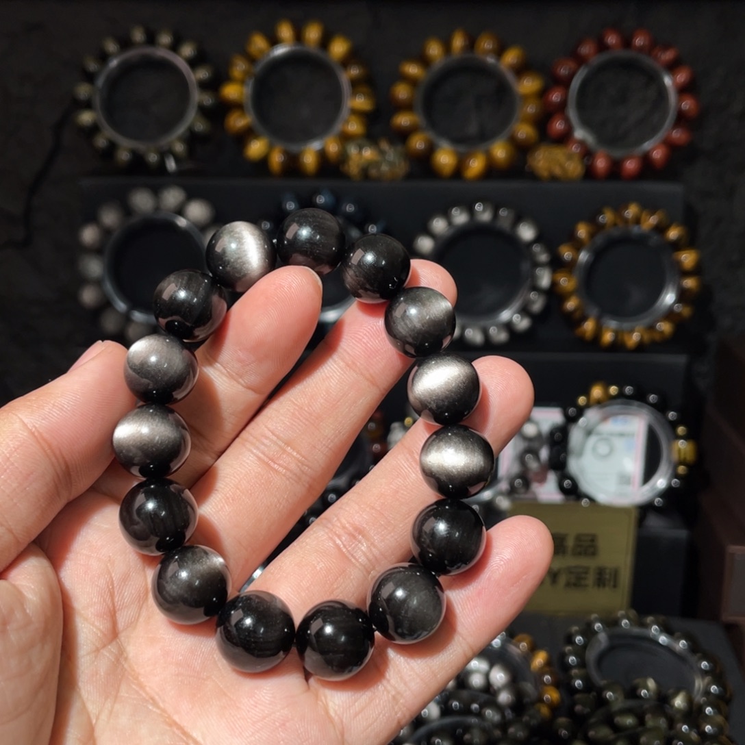 请***锅黑曜岩未镶嵌颈饰14mm猫眼银曜石