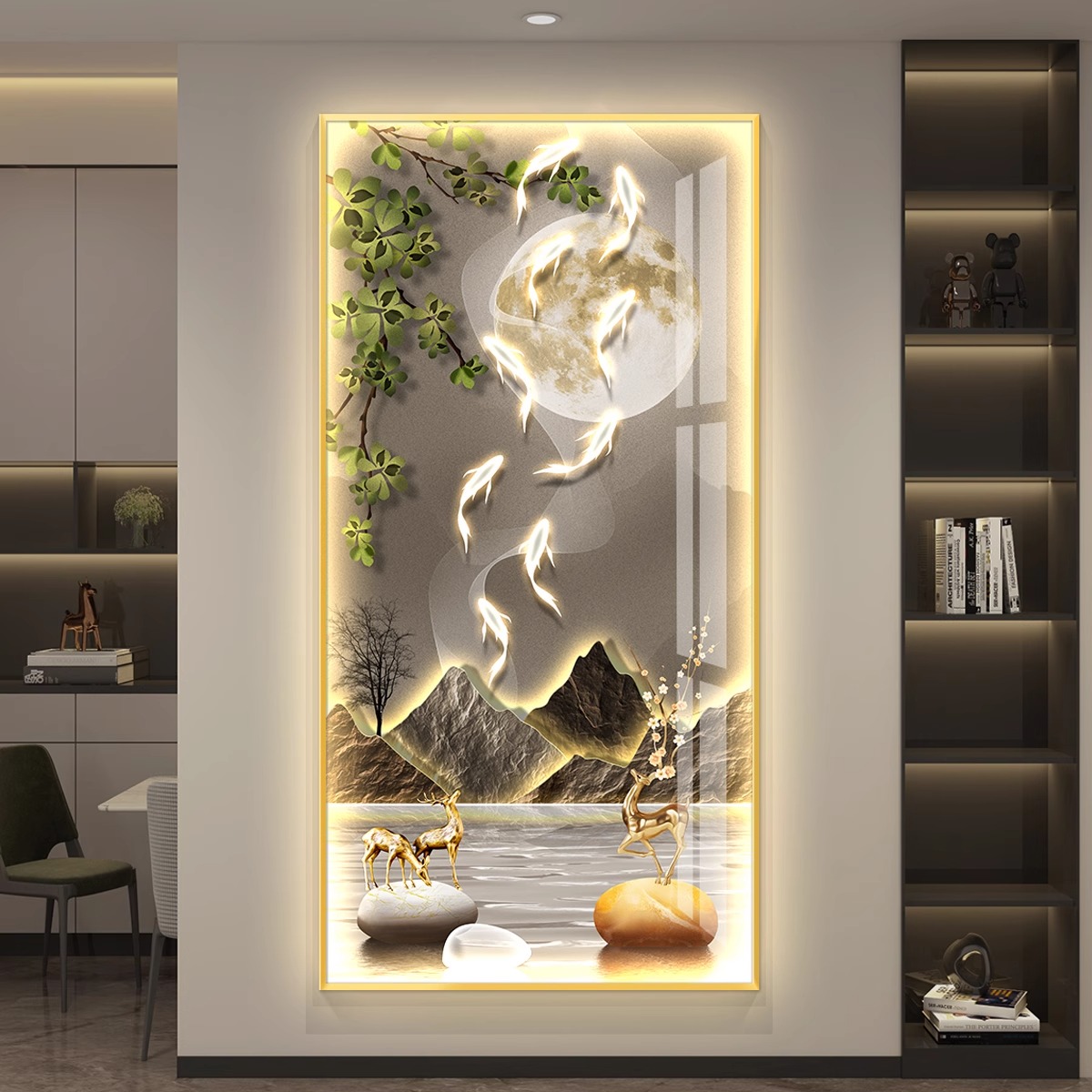 新款轻奢竖版九鱼图入户玄关装饰画简约现代挂画走廊过道氛围壁画