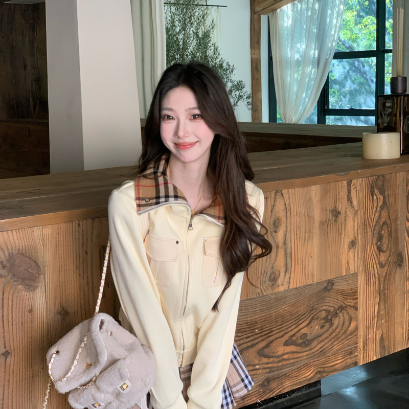 【格纹旧刊】韩系学院拉链开衫格子裙裤新款洋气休闲卫衣套装-5101