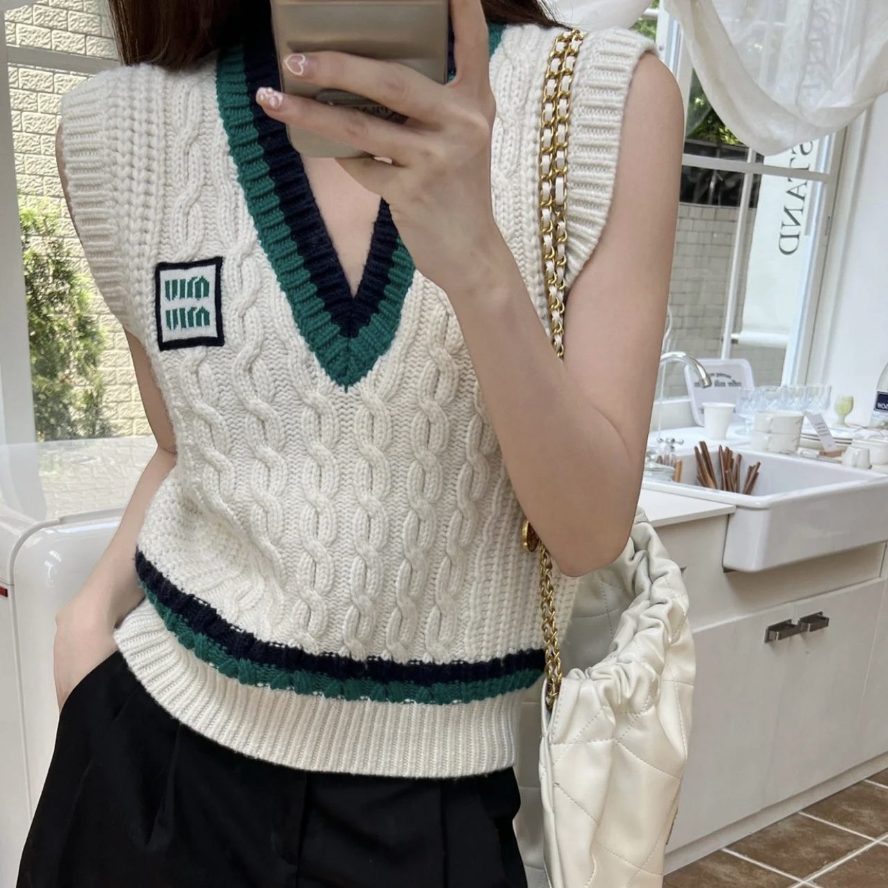 99新 MIU MIU/缪缪 2b045/拼色Logo提花V领吊带 羊毛 36码