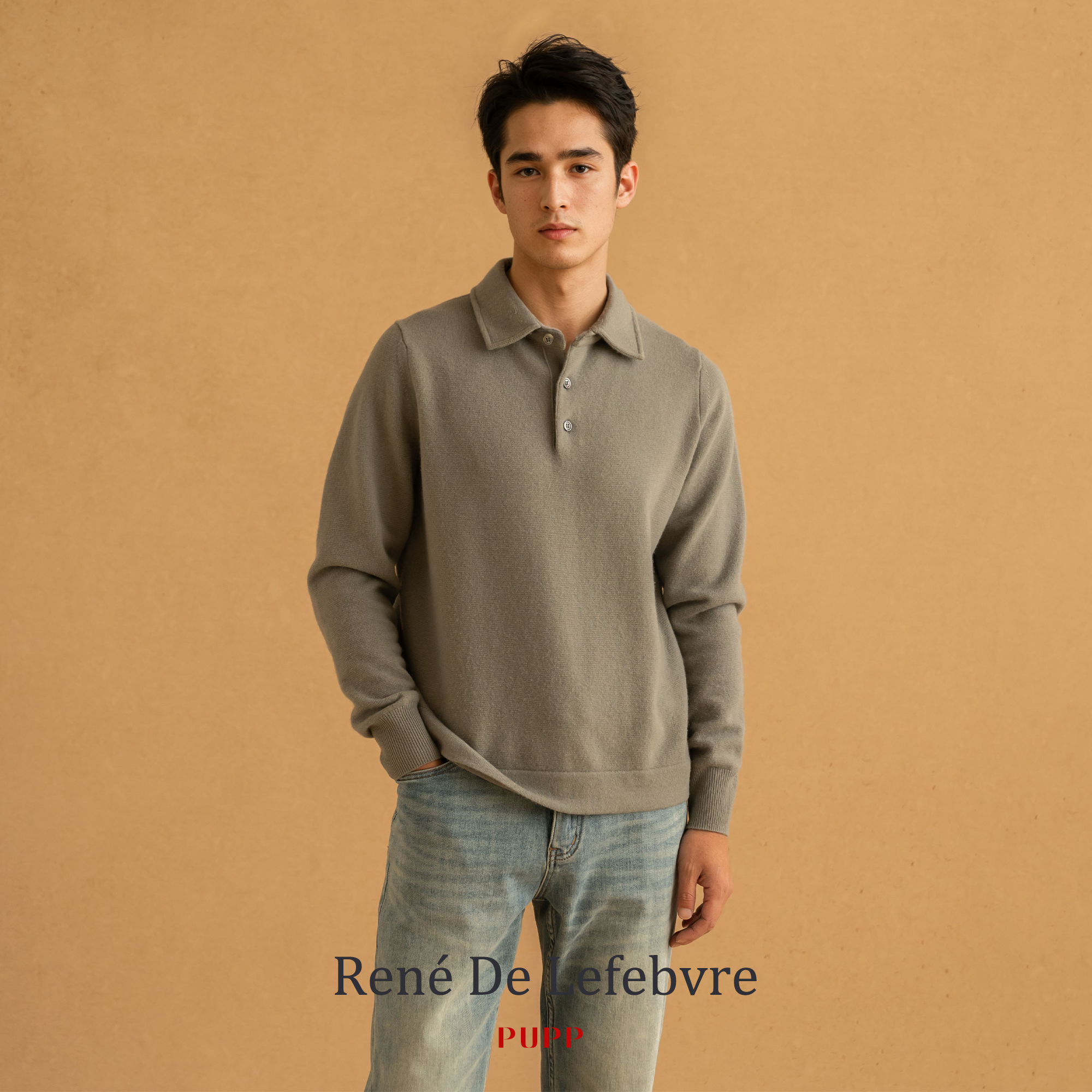 René De Lefebvre秋冬季长袖套头POLO领直摆纯色男士羊毛针织毛衣