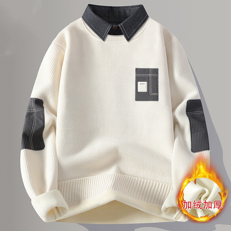 高级感男装毛衣男款冬季衬衫领假两件打底衫加绒加厚保暖针织衫潮