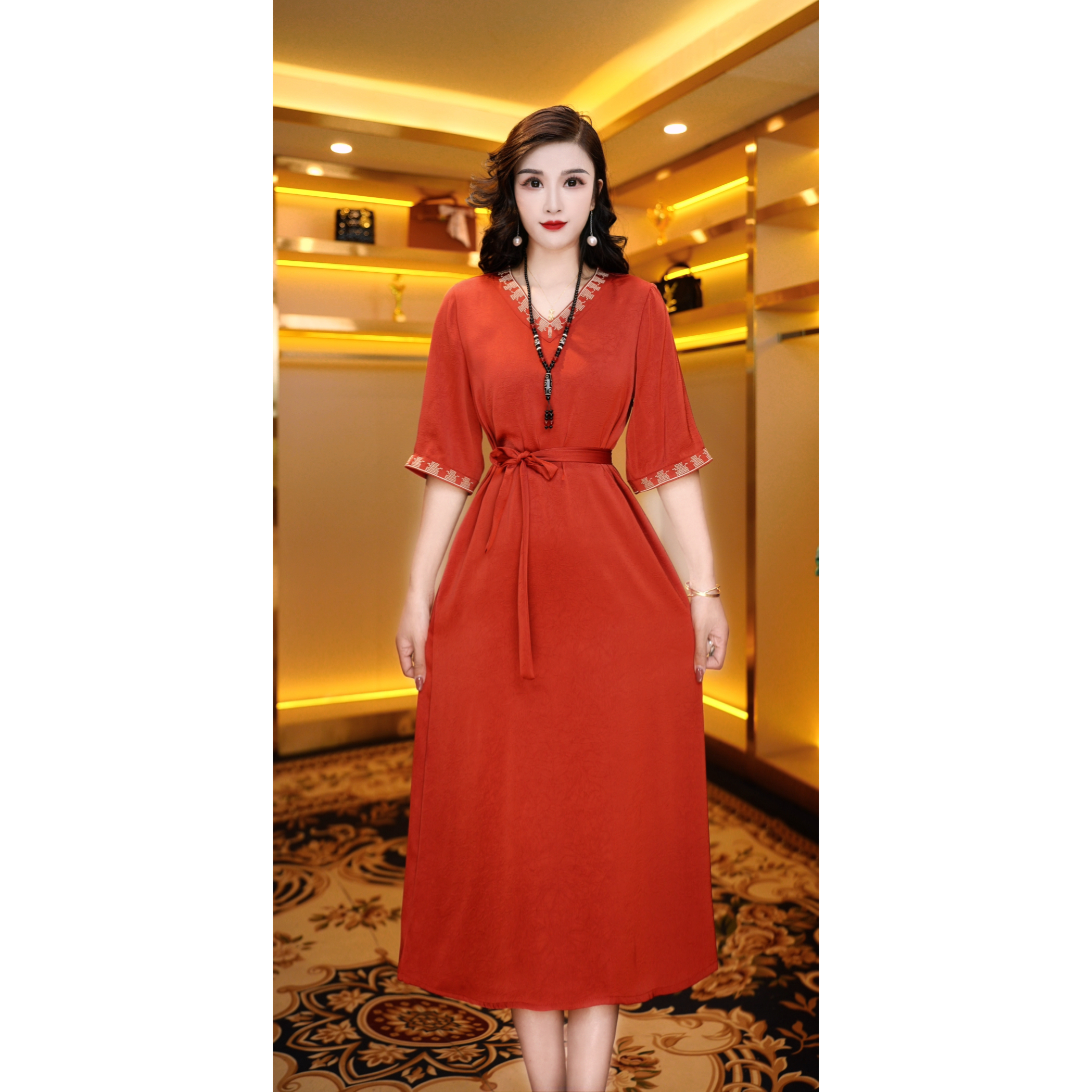 1372-7a红色高奢龟裂纹国风传承新中式气质显瘦连衣裙
