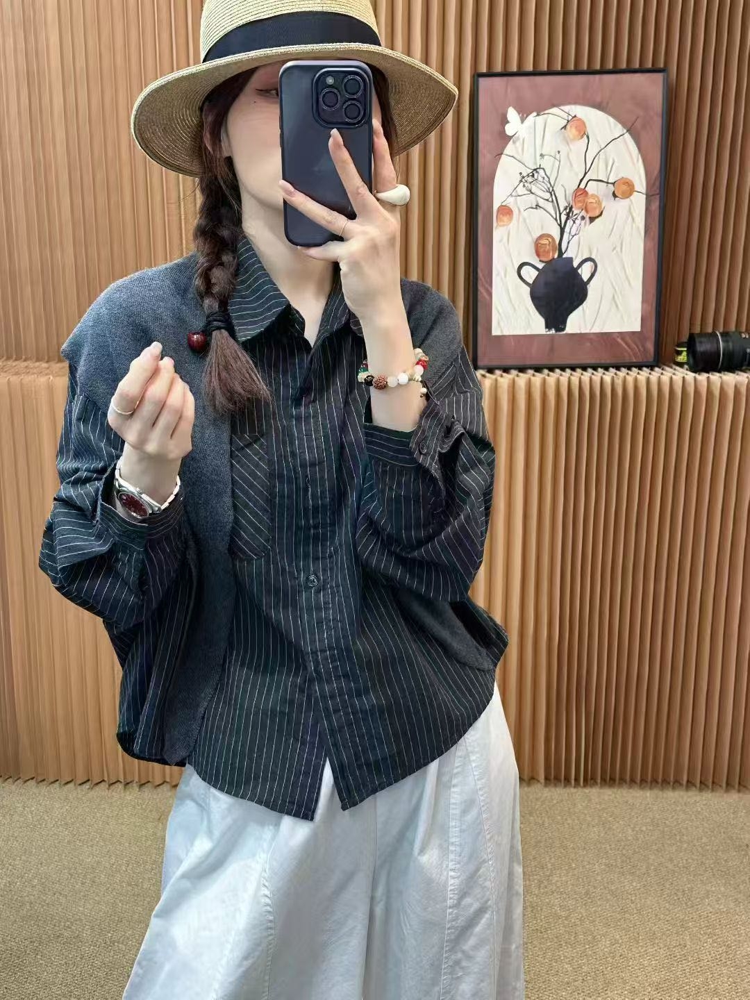 【引引家】2025秋季新款韩系条纹长袖翻领衬衫搭配针织披肩气质上衣