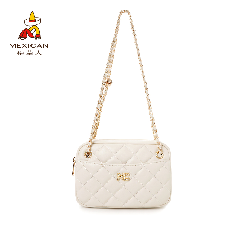 稻草人2025夏新款牛皮女士菱格轻奢高级感单肩斜挎包方包测