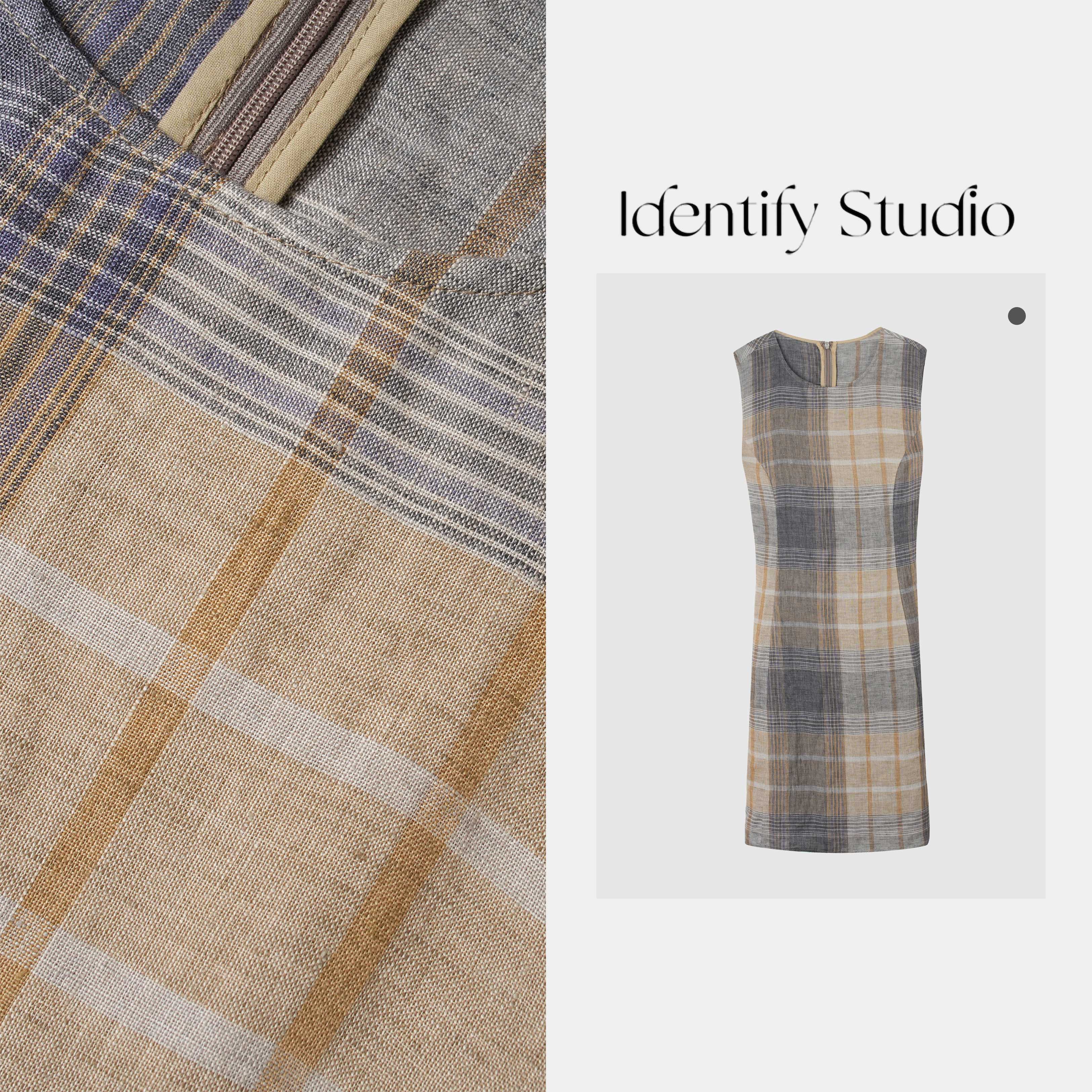 IDENTIFY“格调”夏季新款时尚格纹无袖圆领亚麻连衣裙25SSzx07020