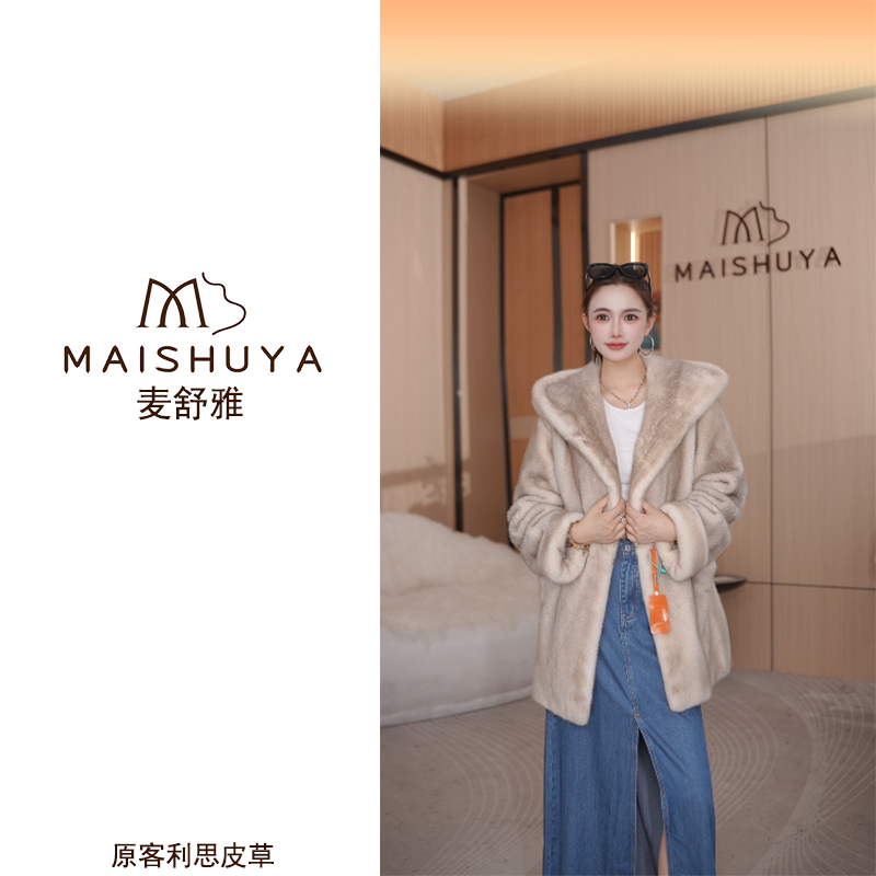 麦舒雅海宁皮草进口水貂紫金短二宝嘉美100%真貂巫师帽貂皮大衣