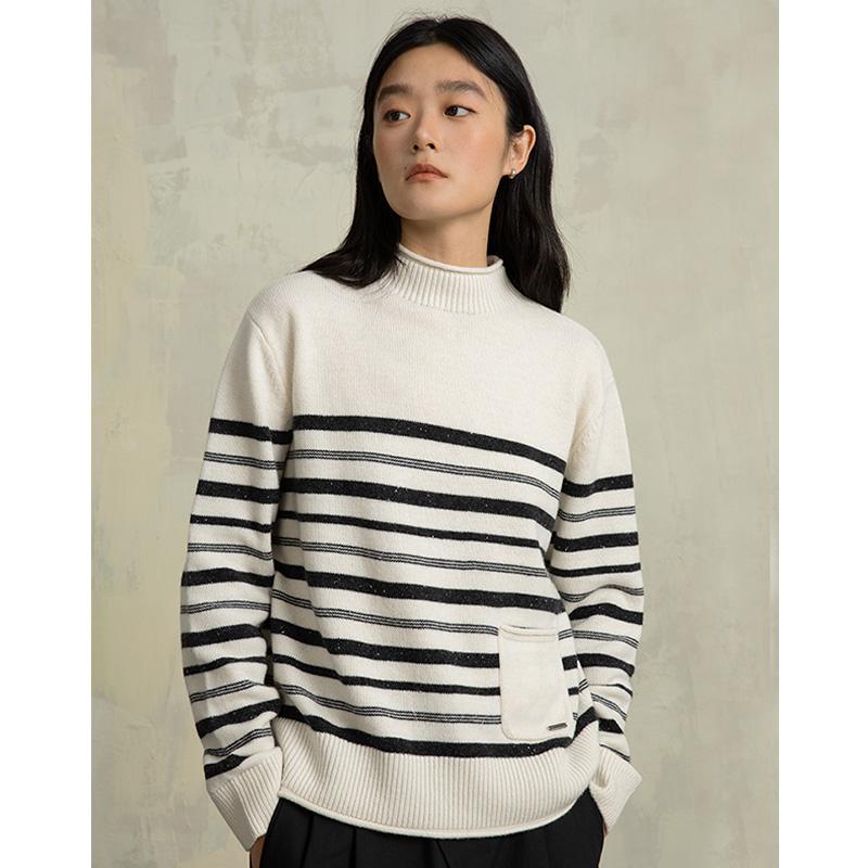 ziilam枝蓝 羊毛卷边条纹毛衣女黑白长袖半高领百搭原创设计秋冬