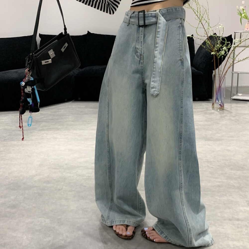 春款上新！慵懒隐形口袋股线怀旧复古阔腿牛仔裤(配腰带)  