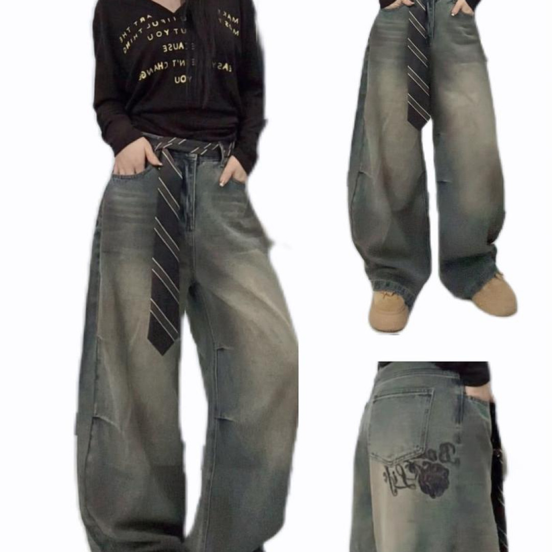 街舞潮牌复古辣妹牛仔裤街头设计感长裤-8080有腰绳K907
