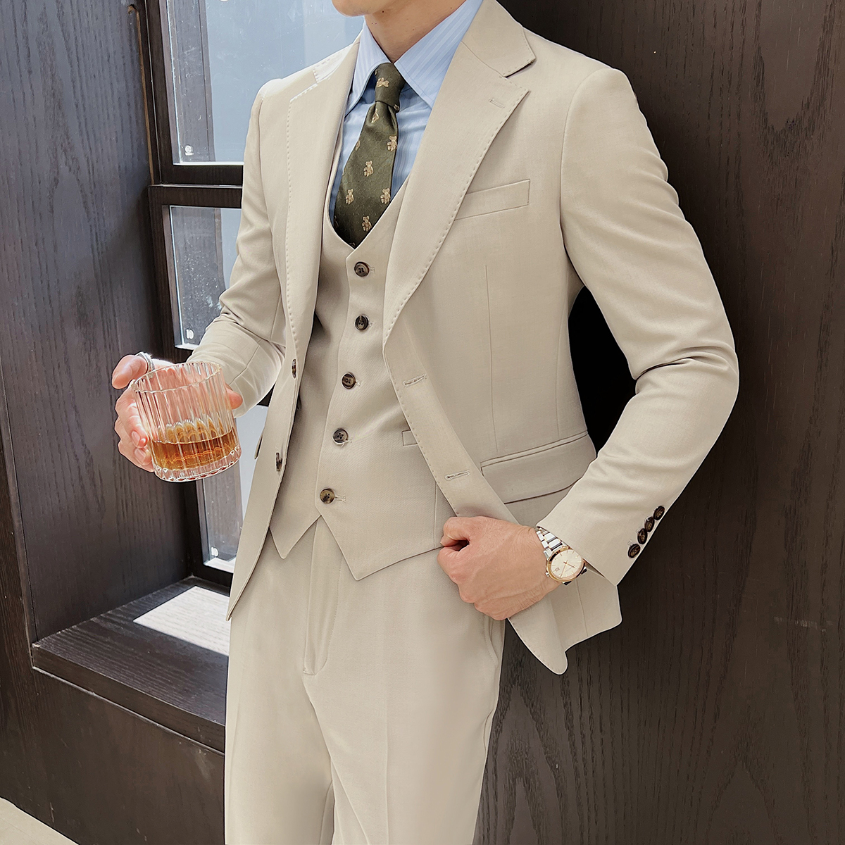 意式西服套装男士商务休闲修身正装结婚新郎礼服西装两件套职业装