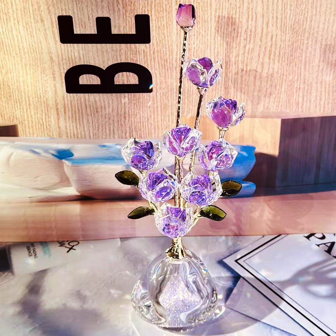单只礼盒装-轻奢9朵紫色玫瑰金杆桌面摆件装饰流沙瓶紫玫瑰摆件